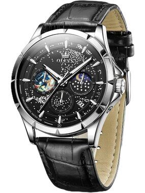 Men's Black Strap Black Dial Starry Sky Moon Phase Dial Luxury Analog Wristwatch